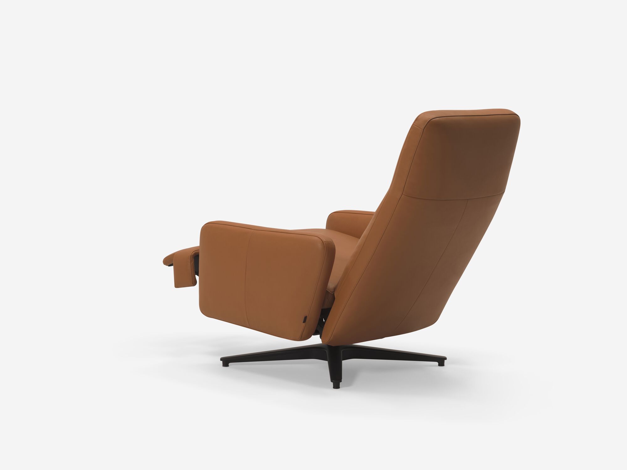 Back angle view of brown leather reclining chair with foot rest reclined